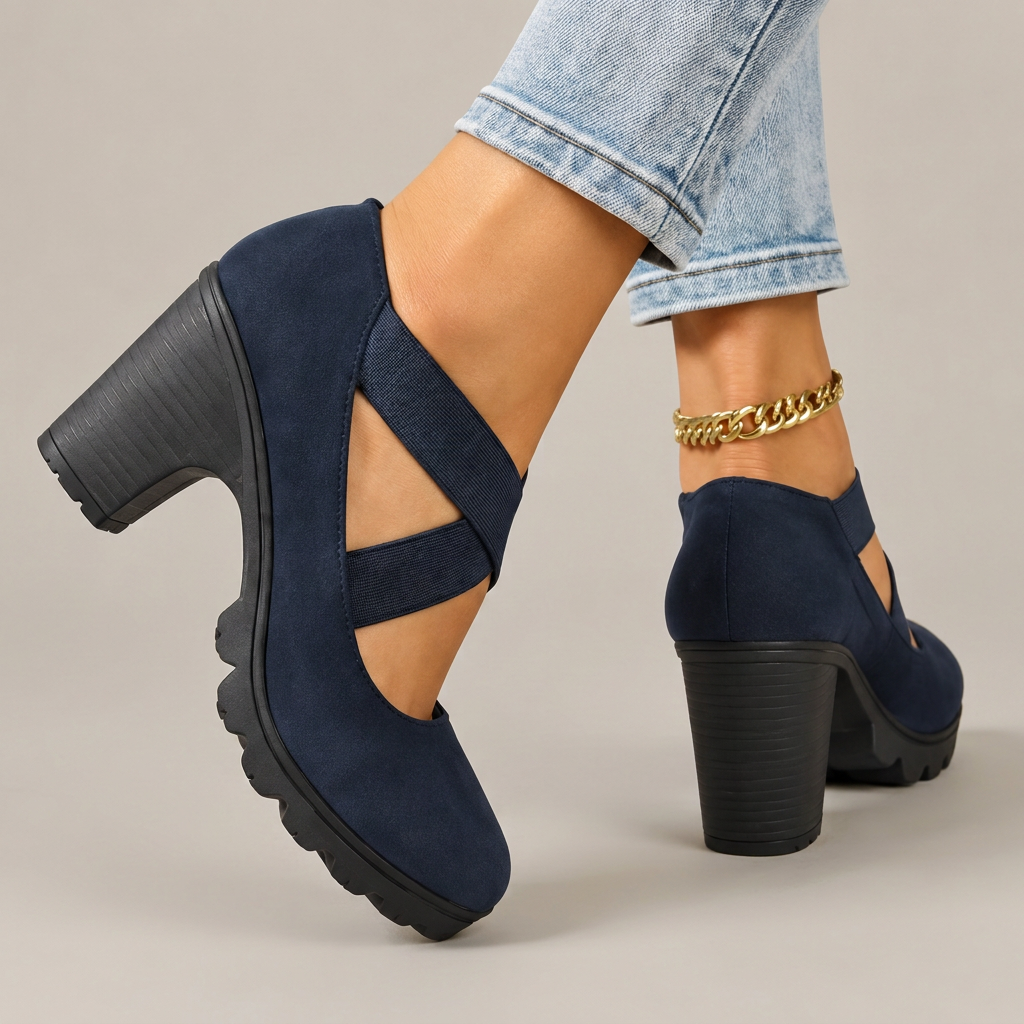 Zapatos Lola, vista trasera con fondo gris cálido