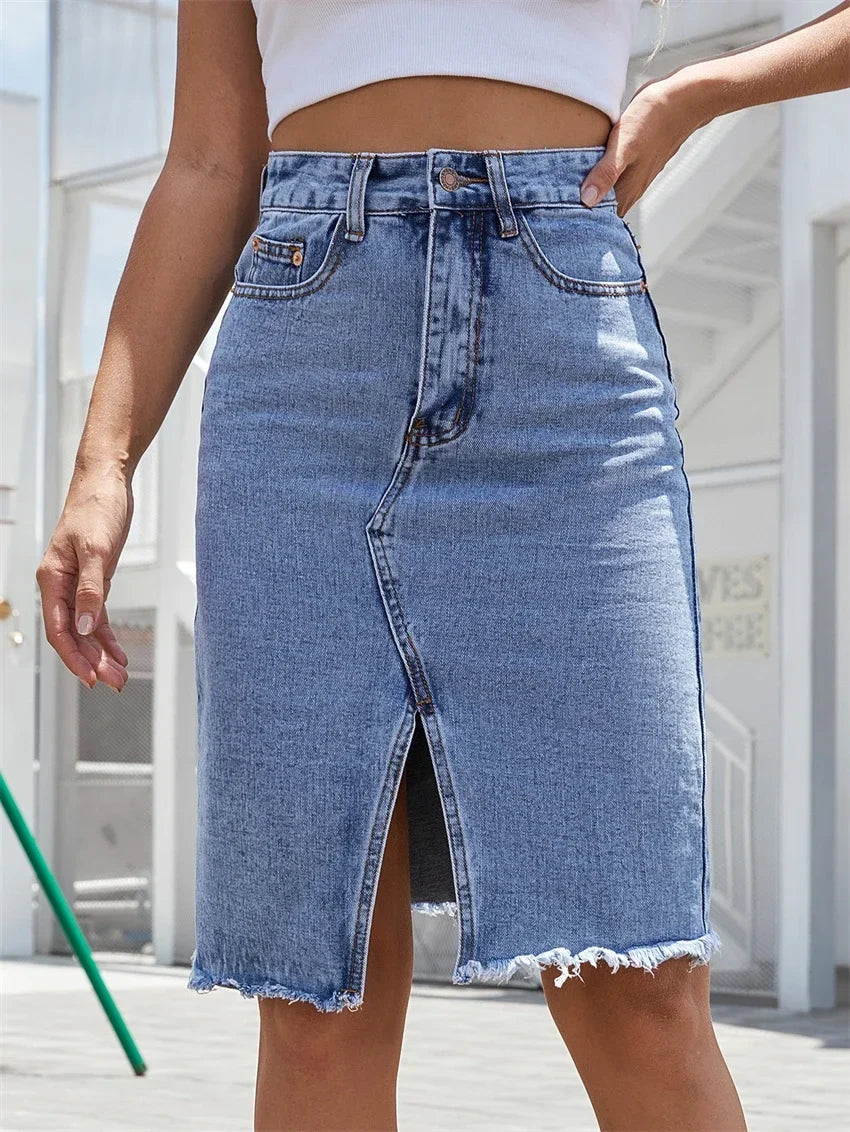 High-Waist Front Slit Denim Midi Skirt