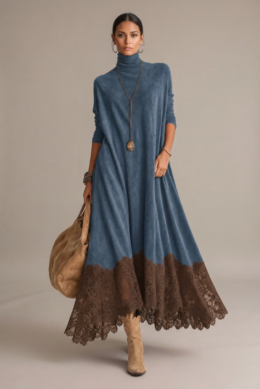 Piera | Vestido largo efecto ante con dobladillo de encaje