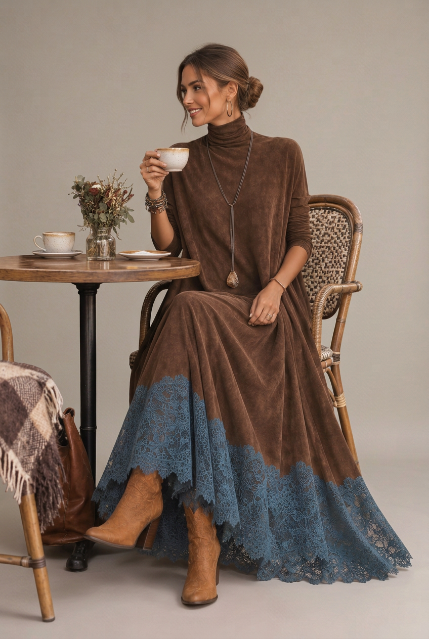Piera | Vestido largo efecto ante con dobladillo de encaje