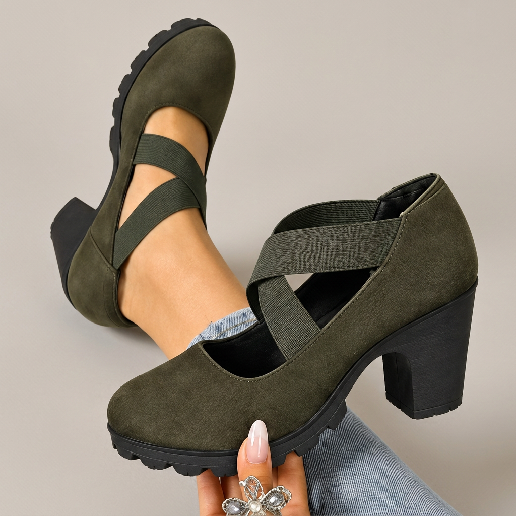 Zapatos Lola, detalle lateral con fondo gris cálido