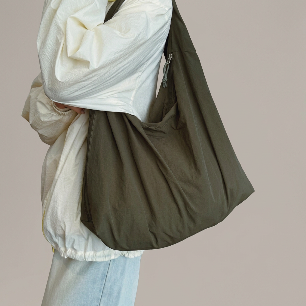 Bolso tote verde en uso con fondo gris cálido