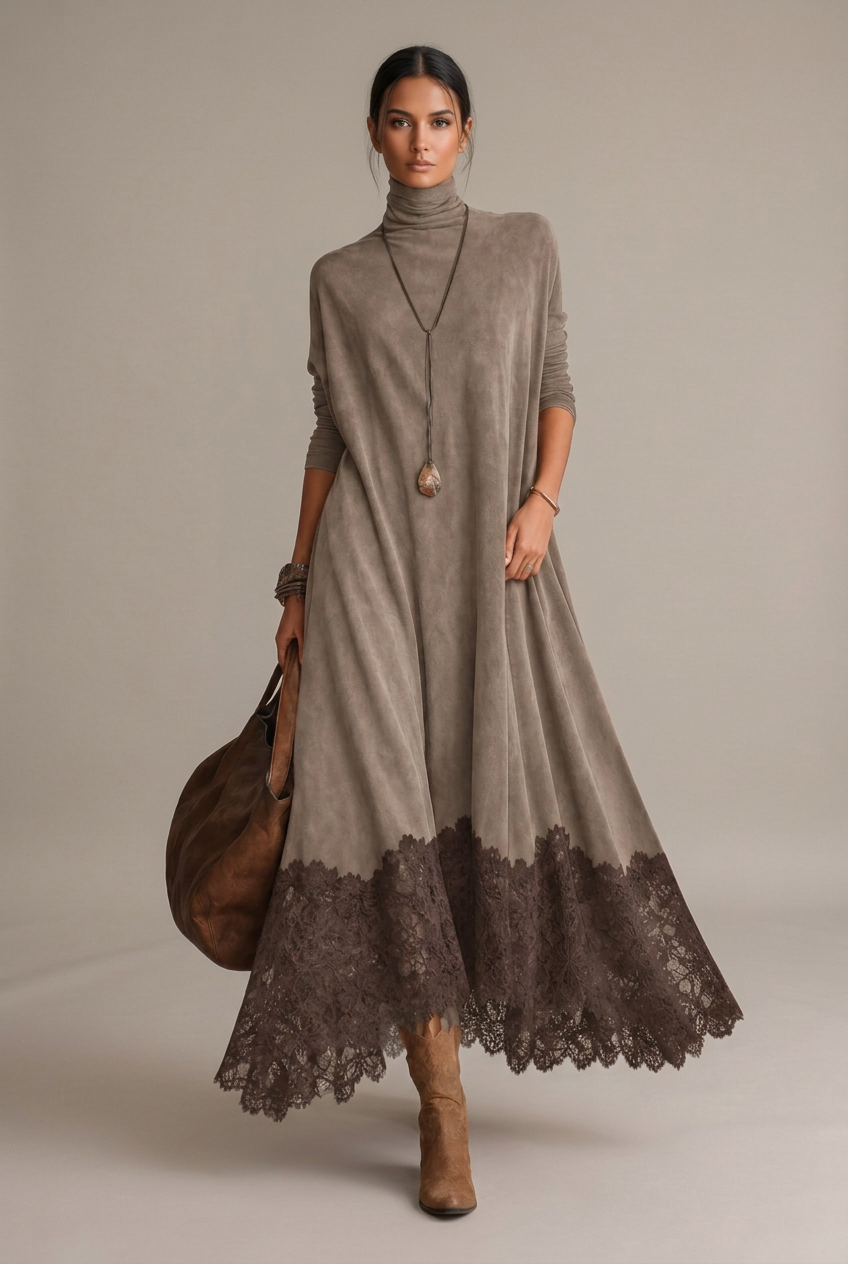 Piera | Vestido largo efecto ante con dobladillo de encaje