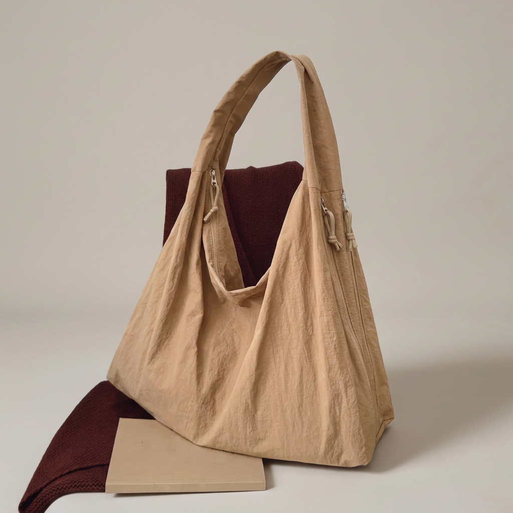 Bolso tote beige con fondo gris cálido