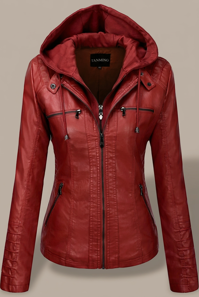 Chaqueta roja con capucha sobre fondo gris beige