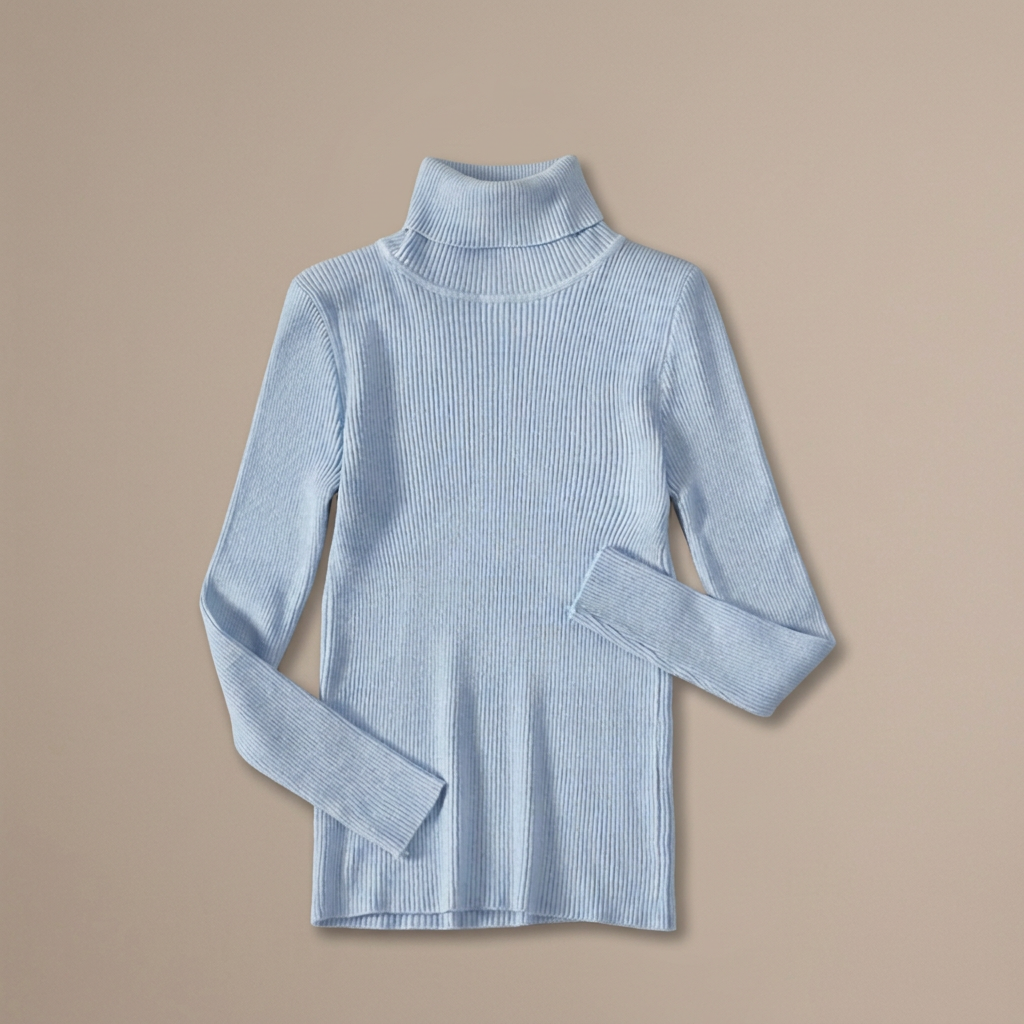 Jersey de cuello alto Jasmine azul claro sobre fondo beige grisáceo limpio, sin elementos decorativos.