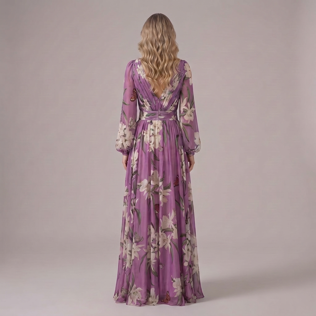 Vestido Zahara, vista trasera sobre fondo gris cálido