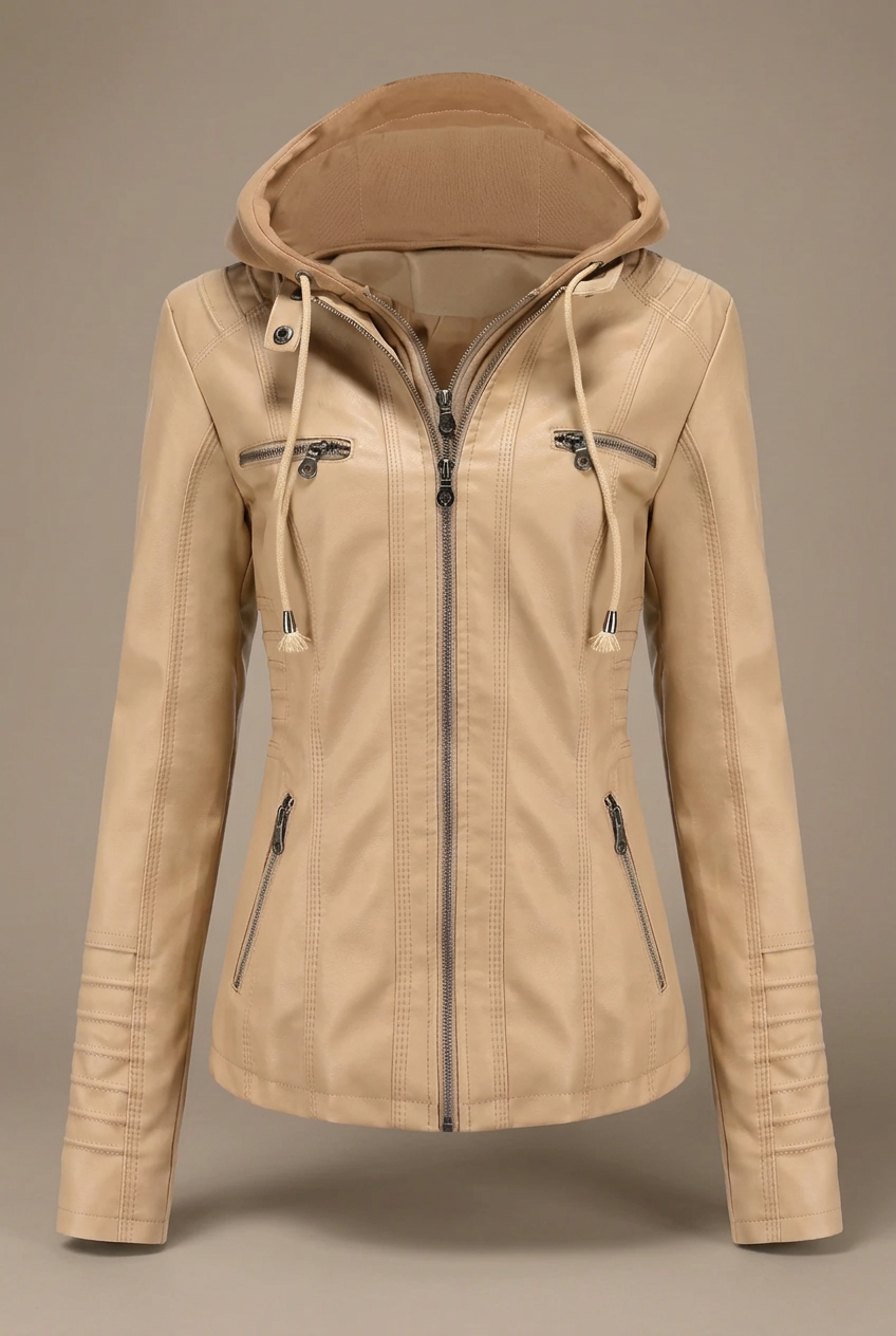 Chaqueta caqui con capucha sobre fondo gris beige