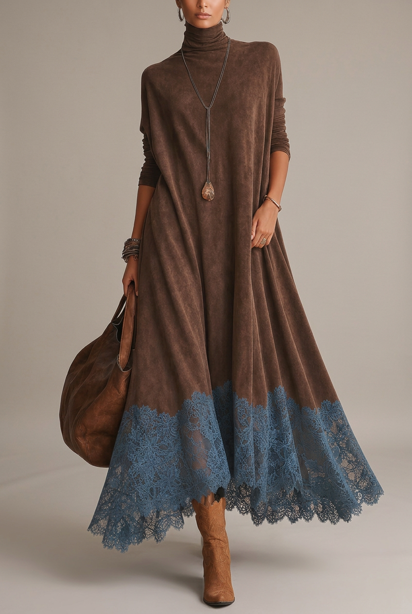 Piera | Vestido largo efecto ante con dobladillo de encaje