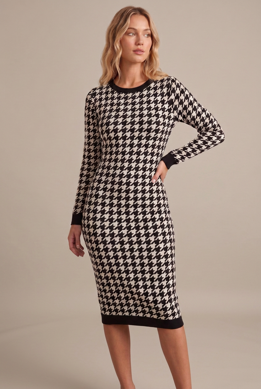 Modelo con vestido midi de pata de gallo blanco y negro sobre fondo beige grisáceo continuo.