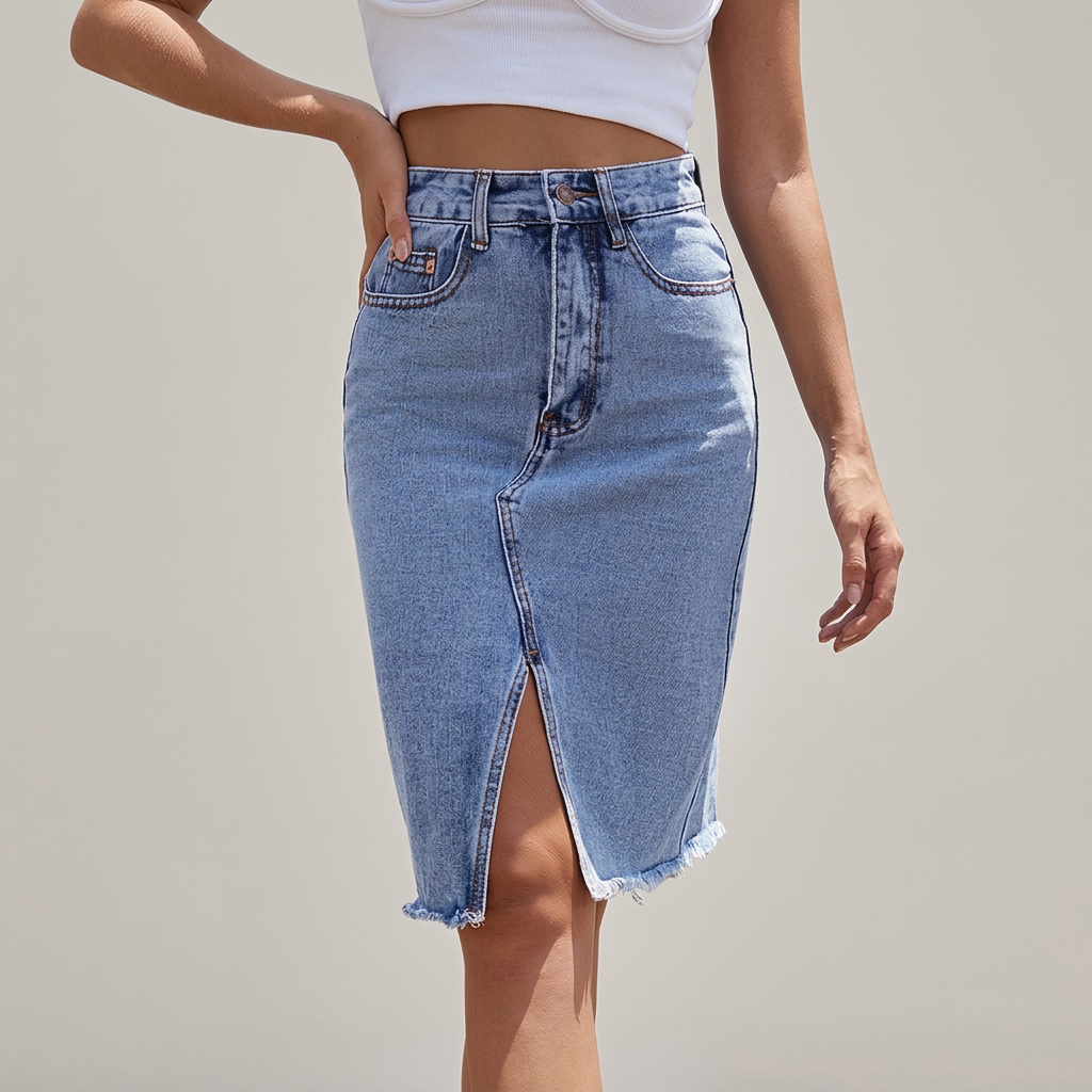 Falda midi vaquera talle alto con abertura