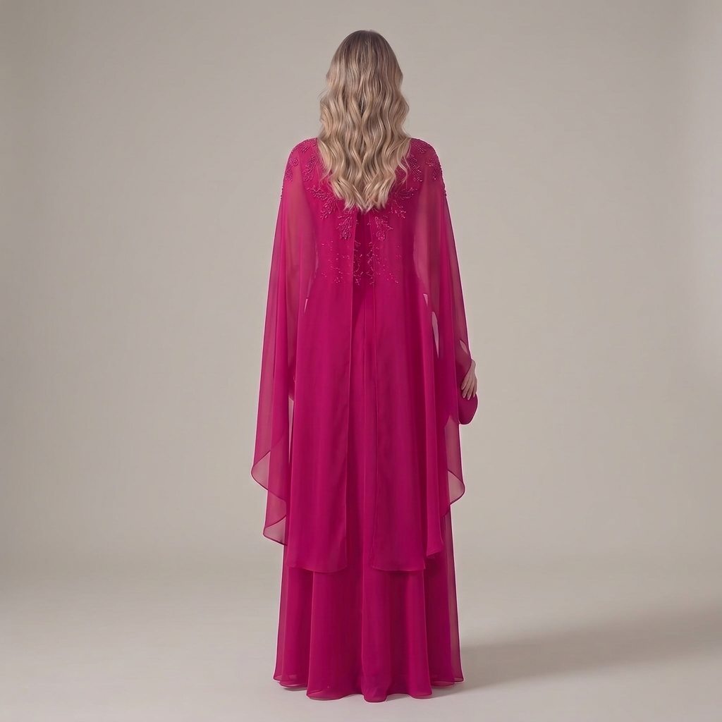 Vestido Liora fucsia con capa, vista trasera sobre fondo gris cálido