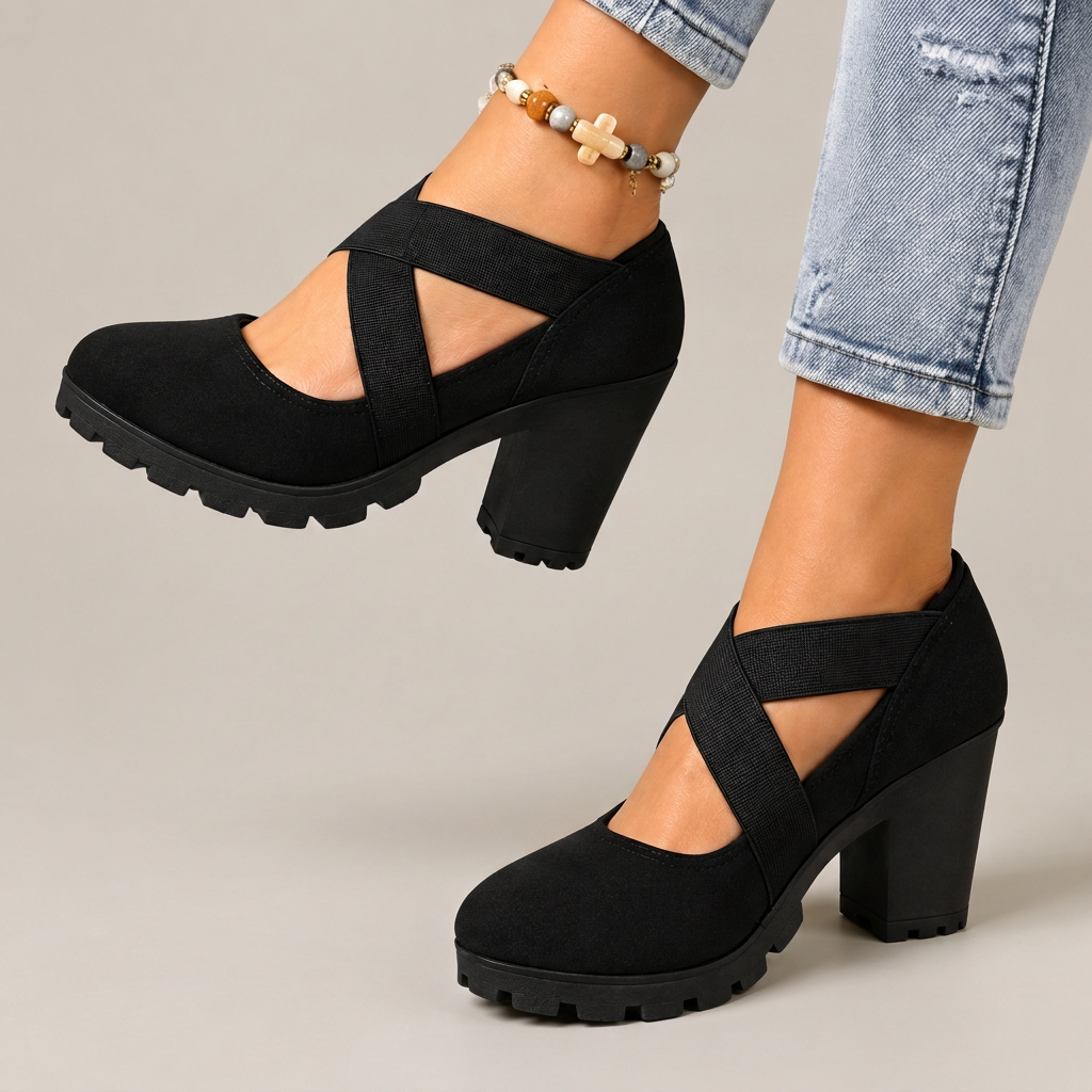 Zapatos Lola negros con fondo gris cálido