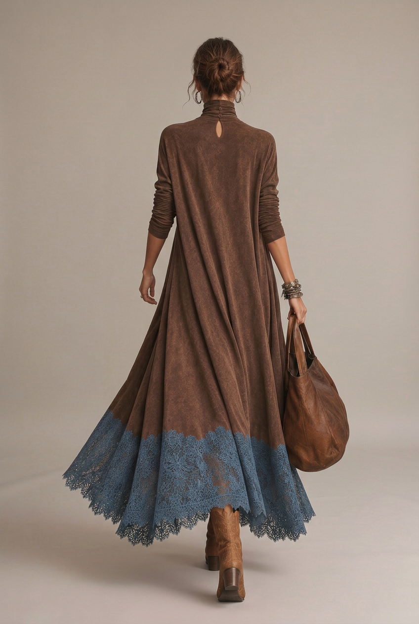 Piera | Vestido largo efecto ante con dobladillo de encaje