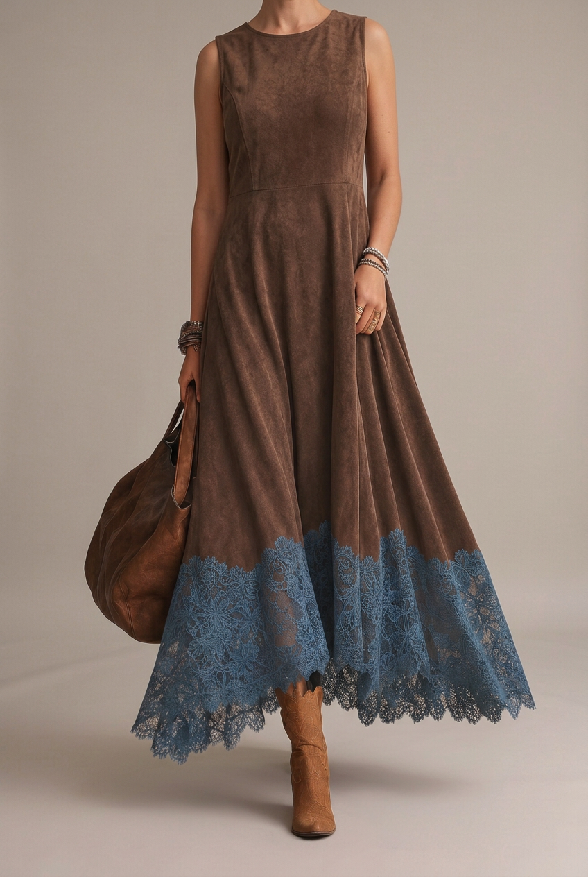Piera | Vestido largo efecto ante con dobladillo de encaje