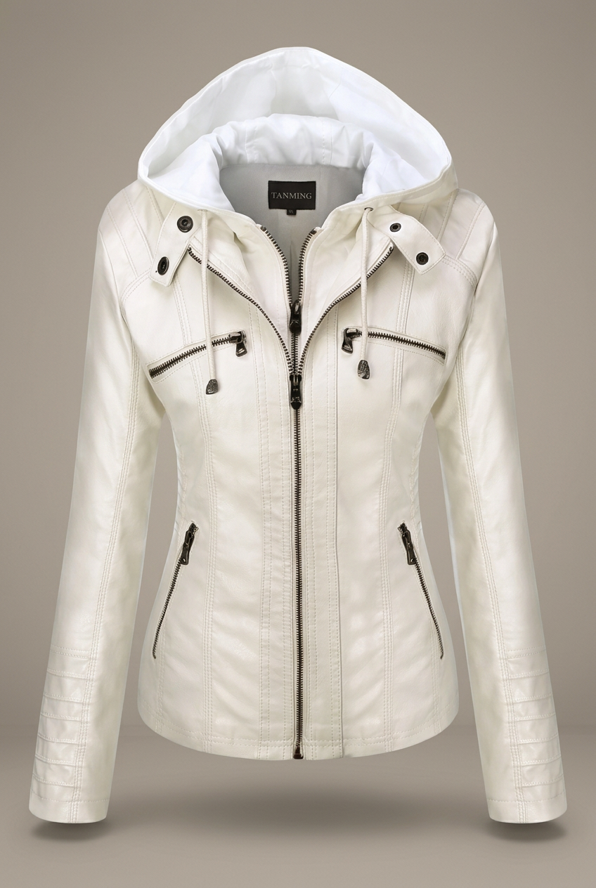 Chaqueta blanca con capucha sobre fondo gris beige
