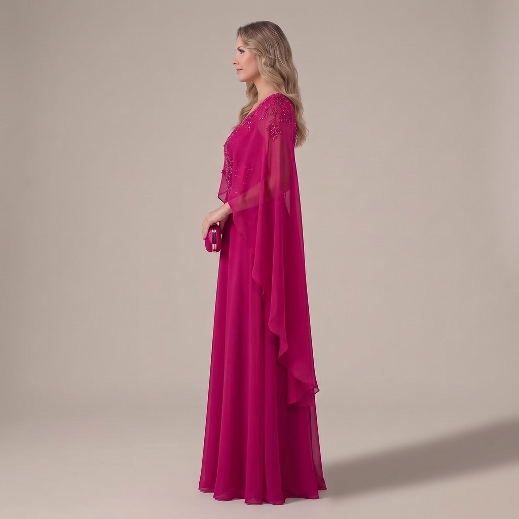 Vestido Liora fucsia con capa, vista lateral sobre fondo gris cálido