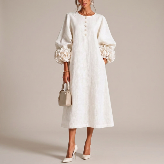 Vestido Rosi blanco, vista frontal con fondo gris cálido