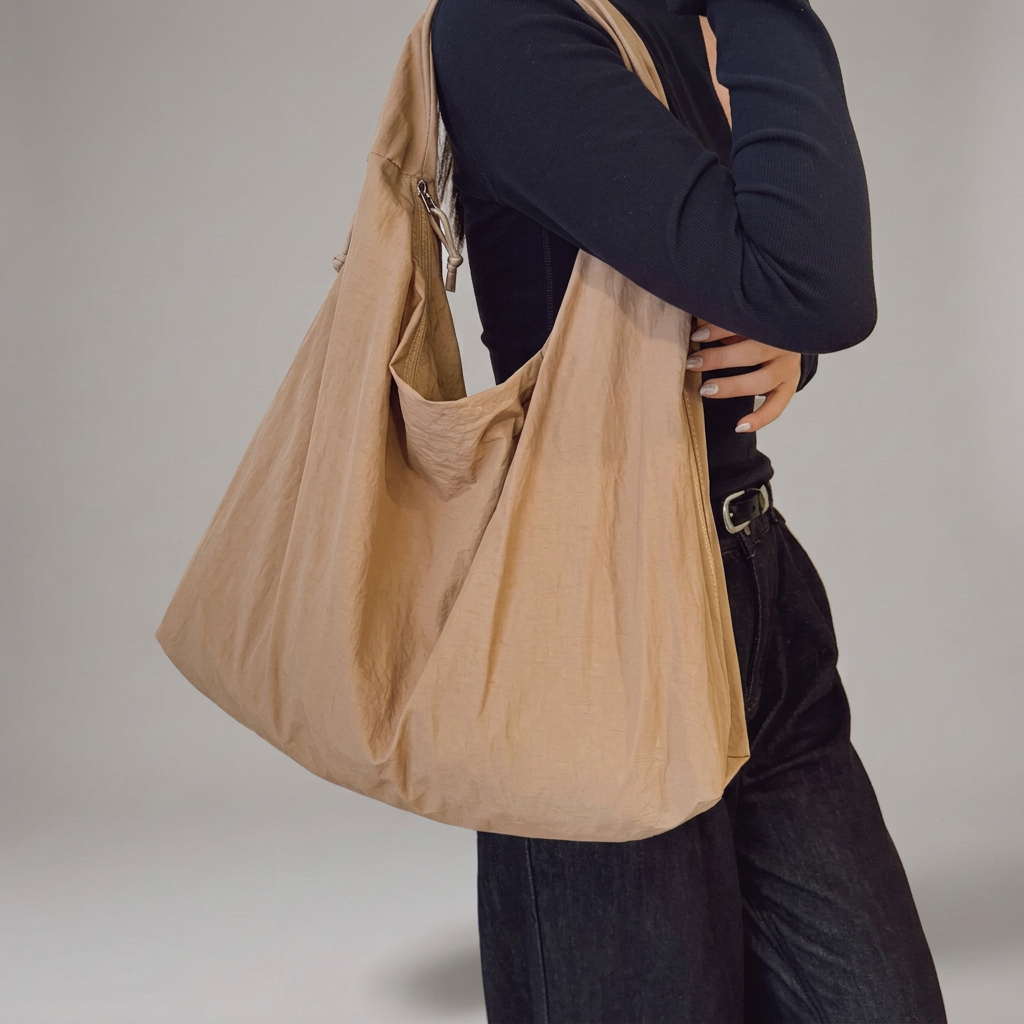 Bolso tote beige en uso con fondo gris cálido
