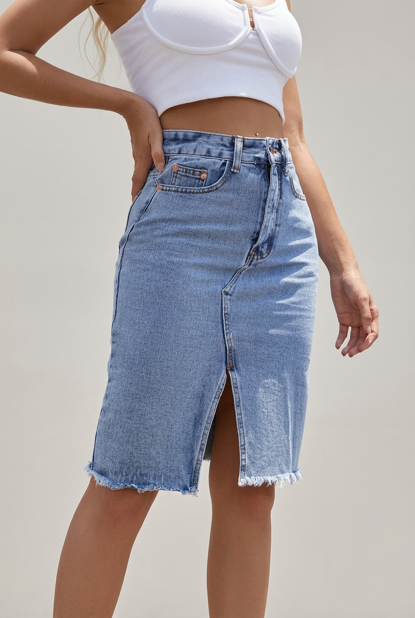 Falda midi vaquera talle alto con abertura