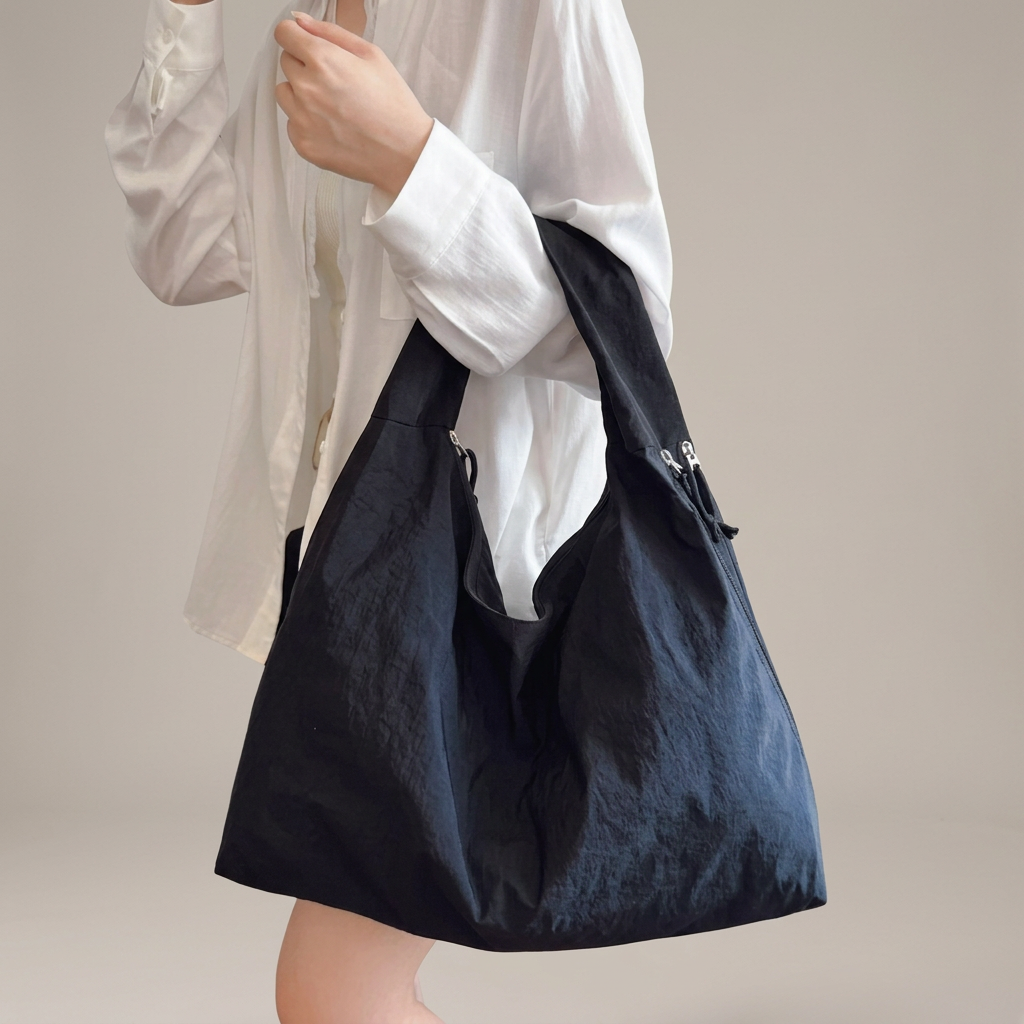 Bolso tote oscuro en uso con fondo gris cálido