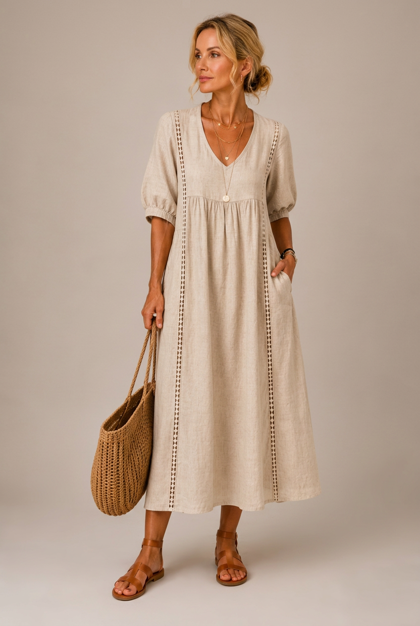 Vestido Santorini crema, principal con fondo gris cálido
