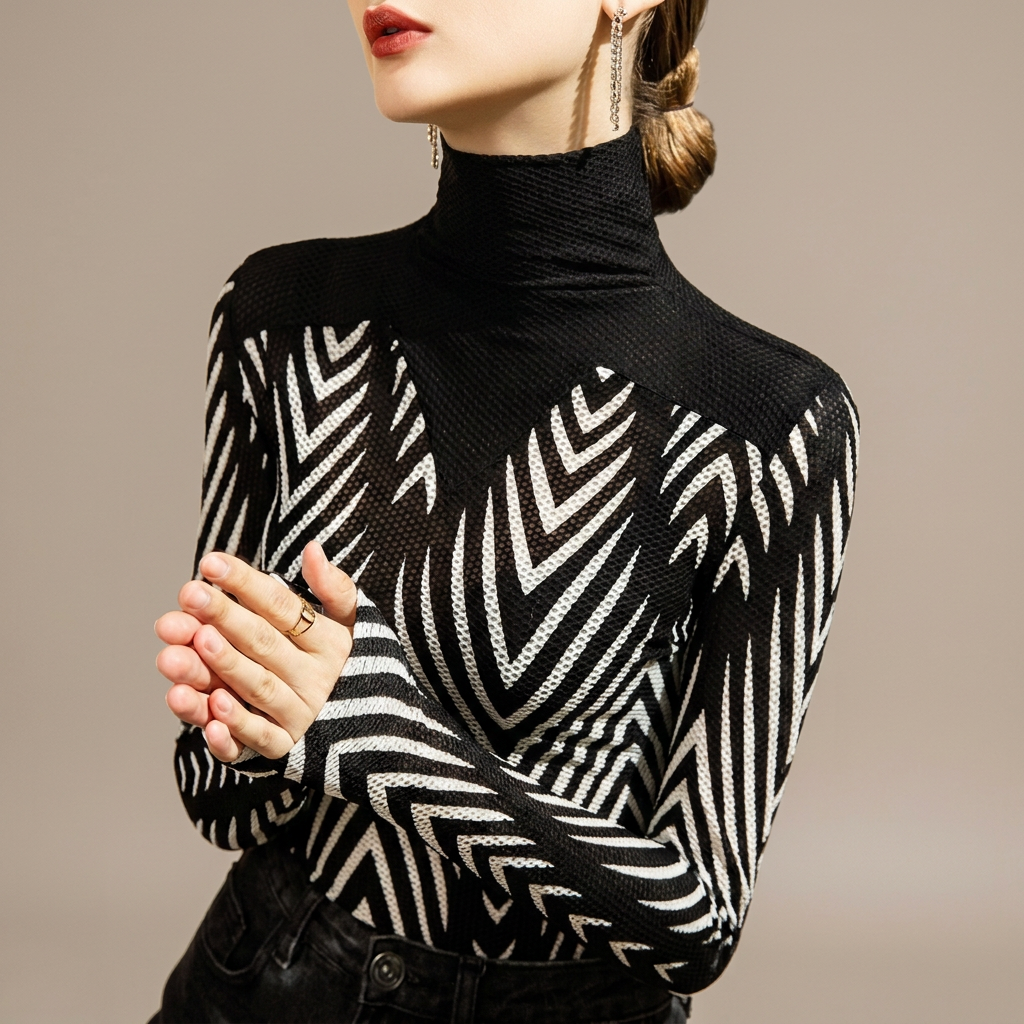 Modelo con top de cuello alto Lara negro con estampado geométrico blanco sobre fondo beige grisáceo limpio, sin muebles.