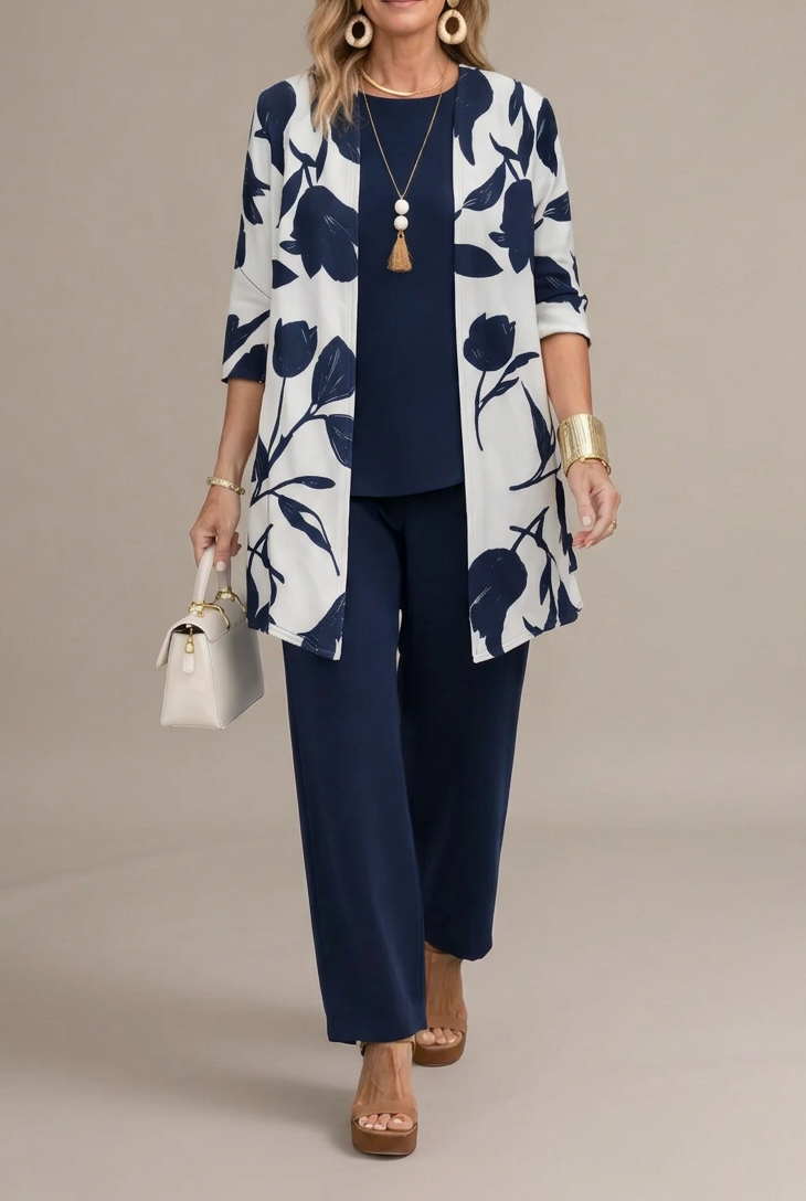 Margaret azul de frente con fondo gris beige